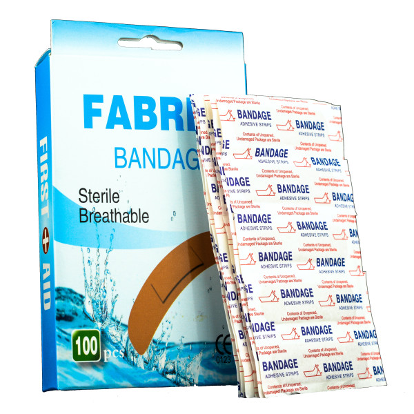 Band Aid Sterile 3/4" x 3" Flexible Fabric Self Adhesive Bandages with Non-Stick Pad for Wound Care and First Aid Skin Color Box of 100