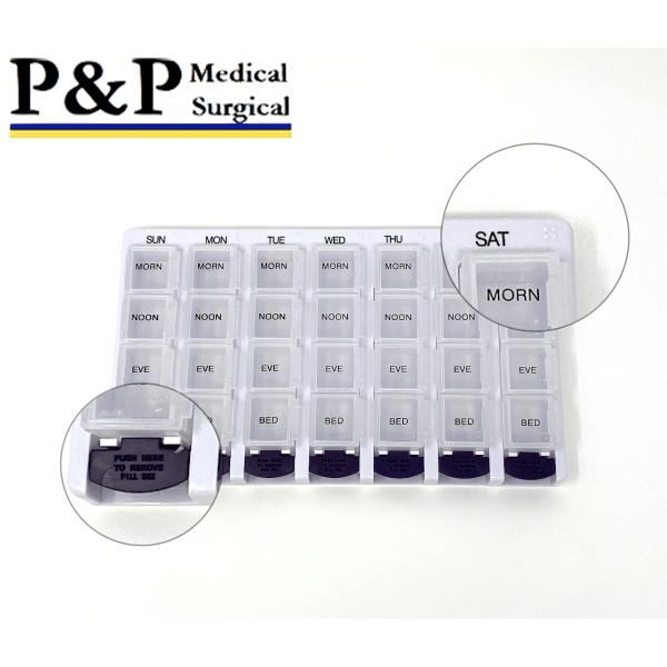 Weekly AM/PM Pill Box Portable Travel Prescription & Medication Pill Case Organizer (7-Day / 4-Times-A-Day) with Large Removable Compartments and Moisture-Proof Design Box of 1