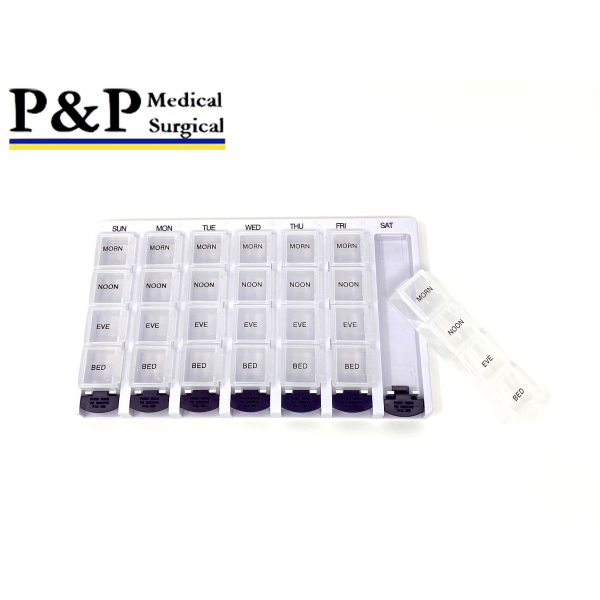 Weekly AM/PM Pill Box Portable Travel Prescription & Medication Pill Case Organizer (7-Day / 4-Times-A-Day) with Large Removable Compartments and Moisture-Proof Design Box of 1