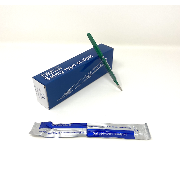 Disposable Safety Scalpels Sterile Surgical Blade Size 10 Stainless Steel with Plastic Handle & Metric Line Individually Foil Wrapped Box of 100