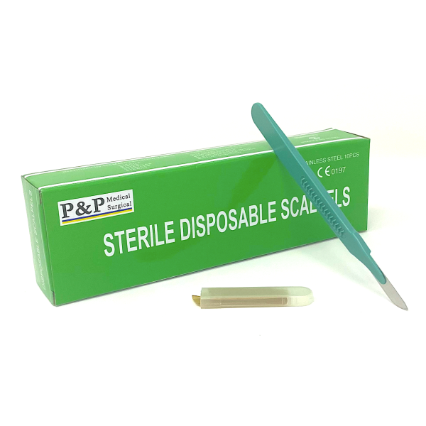 Disposable Scalpels Sterile Surgical Blade Size 10 Stainless Steel with Plastic Handle & Metric Line Individually Foil Wrapped Box of 10
