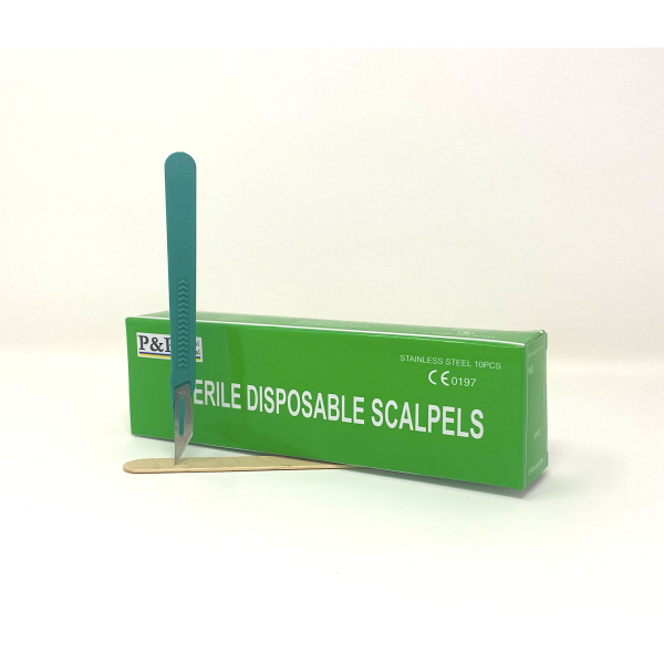 Disposable Scalpels Sterile Surgical Blade Size 10A Stainless Steel with Plastic Handle & Metric Line Individually Foil Wrapped Box of 50