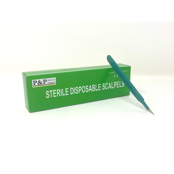 Disposable Scalpels Sterile Surgical Blade Size 10A Stainless Steel with Plastic Handle & Metric Line Individually Foil Wrapped Box of 10