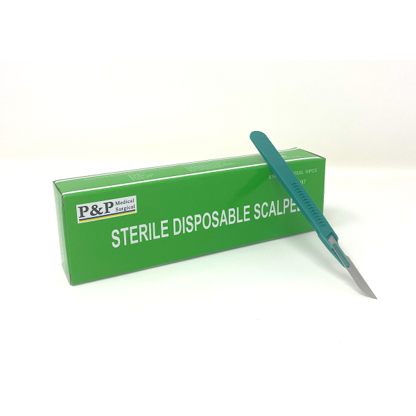 Disposable Scalpels Sterile Surgical Blade Size 14 Stainless Steel with Plastic Handle & Metric Line Individually Foil Wrapped Case of 500
