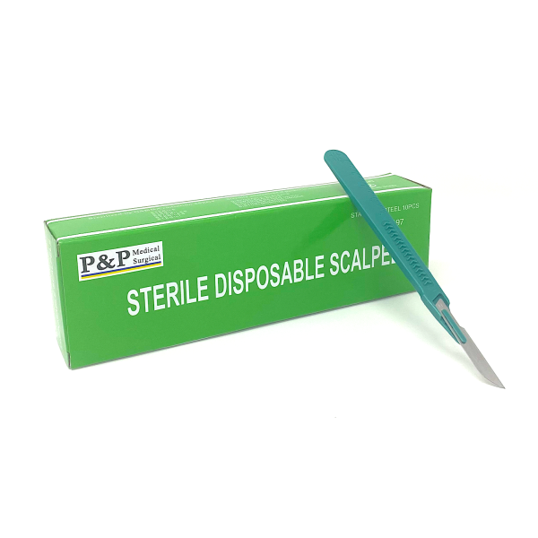 Disposable Scalpels Sterile Surgical Blade Size 14 Stainless Steel with Plastic Handle & Metric Line Individually Foil Wrapped Box of 10