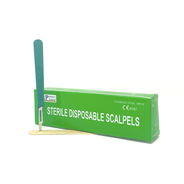 Disposable Scalpels Sterile Surgical Blade Size 15 Stainless Steel with Plastic Handle & Metric Line Individually Foil Wrapped Box of 10