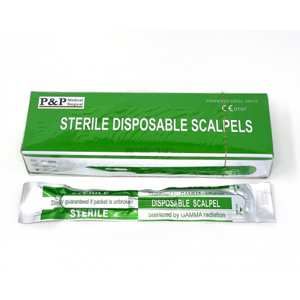 Disposable Scalpels Sterile Surgical Blade Size 16 Stainless Steel with Plastic Handle & Metric Line Individually Foil Wrapped Box of 100