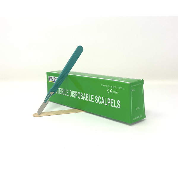 Disposable Scalpels Sterile Surgical Blade Size 16 Stainless Steel with Plastic Handle & Metric Line Individually Foil Wrapped Box of 100