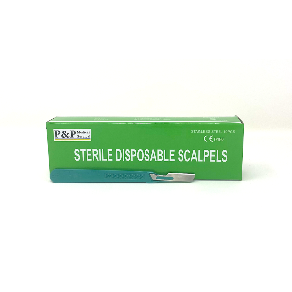 Disposable Scalpels Sterile Surgical Blade Size 16 Stainless Steel with Plastic Handle & Metric Line Individually Foil Wrapped Box of 250