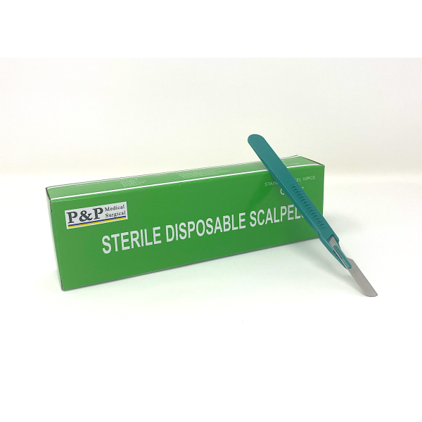 Disposable Scalpels Sterile Surgical Blade Size 16 Stainless Steel with Plastic Handle & Metric Line Individually Foil Wrapped Box of 50