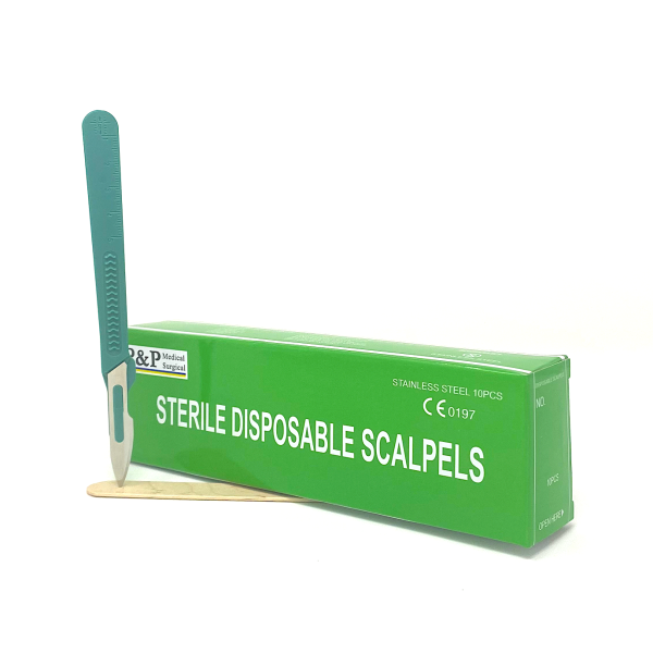 Disposable Scalpels Sterile Surgical Blade Size 18 Stainless Steel with Plastic Handle & Metric Line Individually Foil Wrapped Box of 10