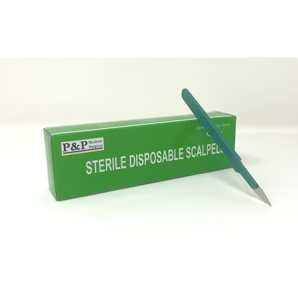 Disposable Scalpels Sterile Surgical Blade Size 18 Stainless Steel with Plastic Handle & Metric Line Individually Foil Wrapped Box of 50