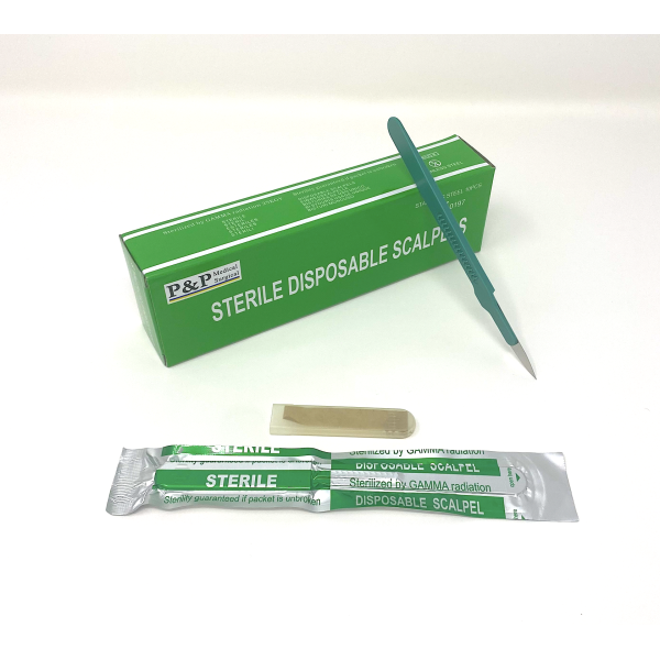 Disposable Scalpels Sterile Surgical Blade Size 18 Stainless Steel with Plastic Handle & Metric Line Individually Foil Wrapped Box of 50