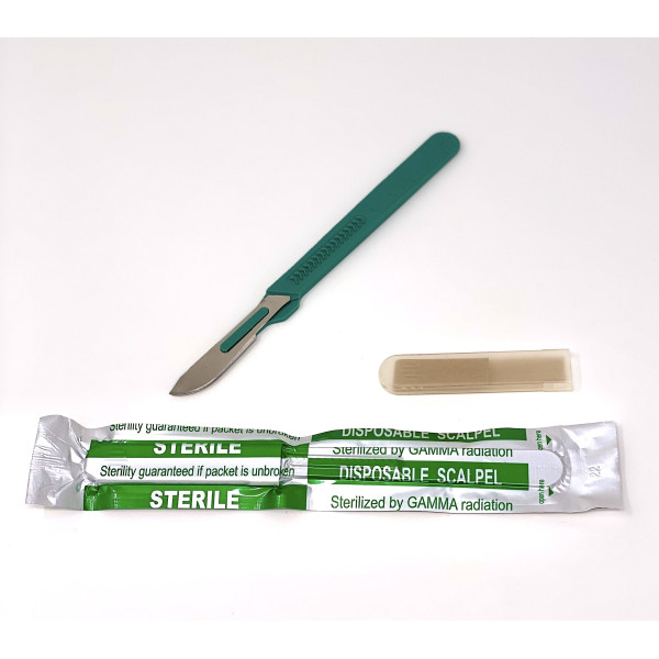 Disposable Scalpels Sterile Surgical Blade Size 22 Stainless Steel with Plastic Handle & Metric Line Individually Foil Wrapped Box of 10