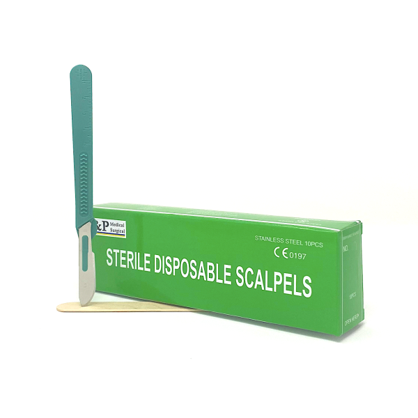 Disposable Scalpels Sterile Surgical Blade Size 22 Stainless Steel with Plastic Handle & Metric Line Individually Foil Wrapped Box of 10