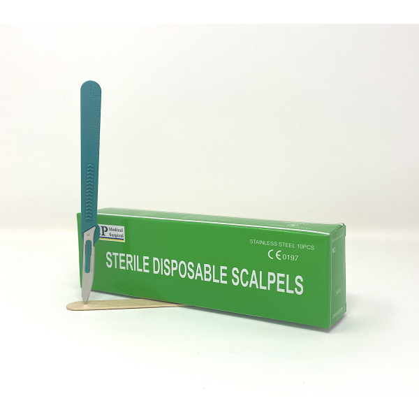 Disposable Scalpels Sterile Surgical Blade Size 36 Stainless Steel with Plastic Handle & Metric Line Individually Foil Wrapped Box of 10