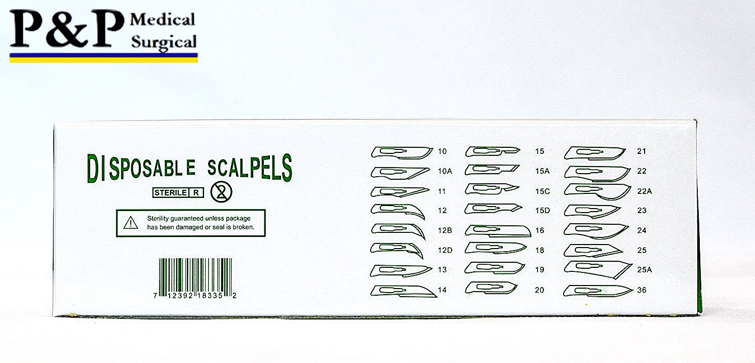 Disposable Scalpels Sterile Surgical Blade Size 22 - Stainless Steel With Plastic Handle, Box Of 10